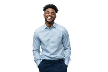 Cheerful African American marketing executive smiling widely on a transparent background, concept for corporate presentation, sales demonstration and motivational advertisement