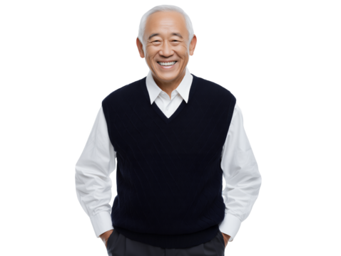 Smiling senior Asian executive in a sweater vest with his hands in pockets on a transparent background, concept for executive portraits corporate communications and leadership profiles