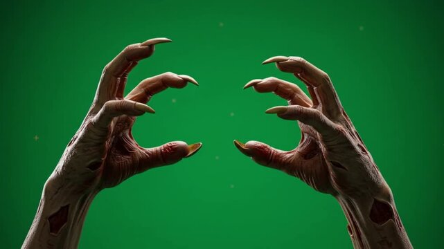 Two zombie hands with long nails reaching out against a vibrant green screen backdrop menacingly