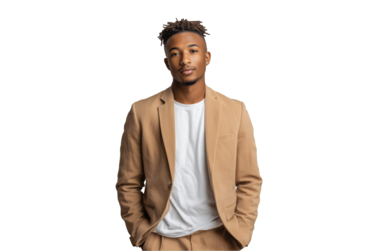 Stylish young Black manager poses confidently wearing suit against a black background, concept for corporate leadership development, executive profile and promotional material on a transparent