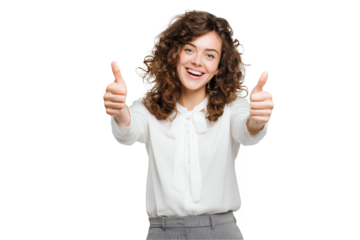 Happy young Caucasian female finance intern shows thumbs up gesture with confident expression on a transparent background, concept for project approval, business success and positive feedback