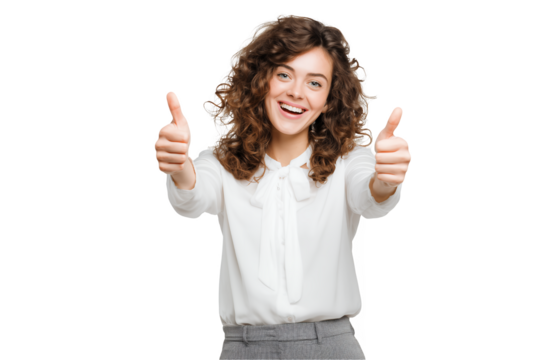 Happy young Caucasian female finance intern shows thumbs up gesture with confident expression on a transparent background, concept for project approval, business success and positive feedback