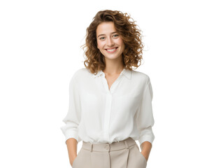 Smiling woman with curly hair wearing a white shirt and beige pants on a transparent background, concept for business portrait, corporate communication and online presence