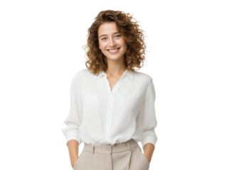 Smiling woman with curly hair wearing a white shirt and beige pants on a transparent background, concept for business portrait, corporate communication and online presence