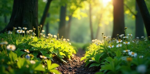 Fototapeta premium Sunlight dappled woodland floor, vibrant green foliage, wildflowers blooming , sunlight, forest