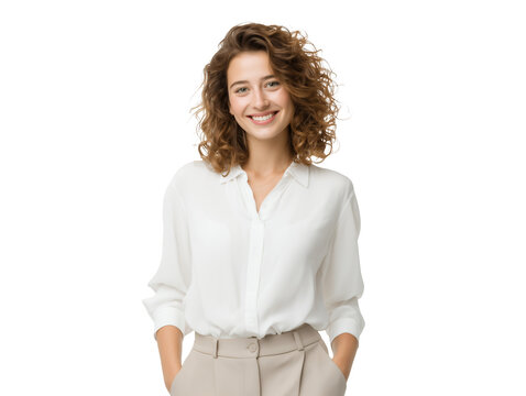 Smiling woman with curly hair wearing a white shirt and beige pants on a transparent background, concept for business portrait, corporate communication and online presence - Powered by Adobe