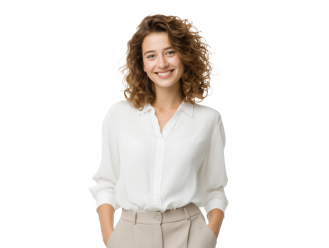Smiling woman with curly hair wearing a white shirt and beige pants on a transparent background, concept for business portrait, corporate communication and online presence