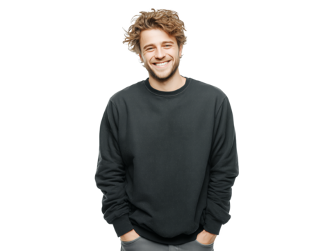 Smiling young Caucasian male executive graphic designer with curly hair on a transparent background, concept for leadership representation, digital marketing campaign and startup business - Powered by Adobe