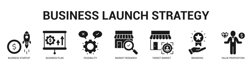 Business Launch Strategy Modern and clean web banner illustration featuring thematic icons for visual communication