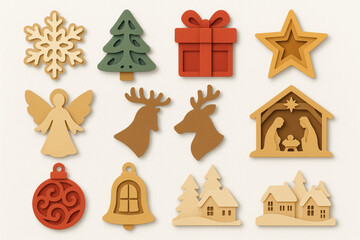 Papercut Christmas Icons, Flat Coloring Layered Holiday Set