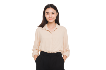 smiling young East Asian female e-commerce specialist in casual attire with her hands in her pockets on a transparent background, concept for professional services presentation corporate communication
