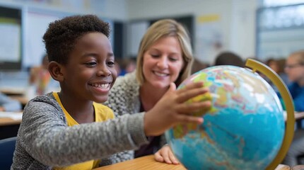 Young boy joyfully explores a colorful globe in a classroom, with a smiling teacher nearby, fostering a love for learning and discovery in a vibrant diverse educational environment - Powered by Adobe