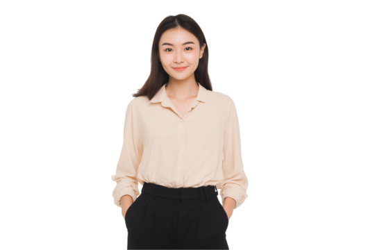 smiling young East Asian female e-commerce specialist in casual attire with her hands in her pockets on a transparent background, concept for professional services presentation corporate communication