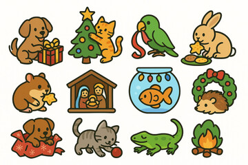 Obraz premium Christmas Pet Activity Icons, Flat Coloring Festive Animal Set