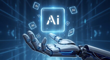 A robotic hand holds a glowing AI icon surrounded by floating AI symbols against a blue digital background, representing artificial intelligence.
