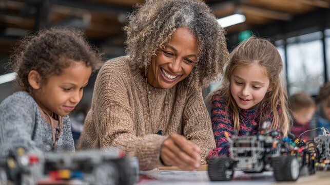 Smiling teacher helps two diverse students with robotics project in class. Use for STEM education, tutoring, mentorship, or technology in schools. - Powered by Adobe