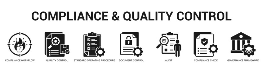 Compliance and Quality Control Modern and clean web banner illustration featuring thematic icons for visual communication