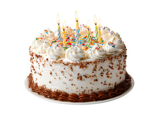 Festive celebratory cake with lit candles and colorful sprinkles celebration birthday, Png Transparent, Isolated on White