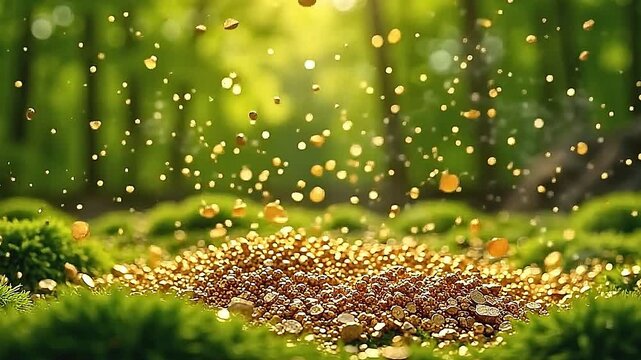 burst golden gleam stage spark brilliantly along angstrom organic park background, gold fragmentize propel energetically indium intricate, glittering flows.