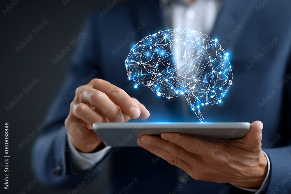 Poster hands holding a tablet display futuristic brain technology in a professional setting emphasizing inn