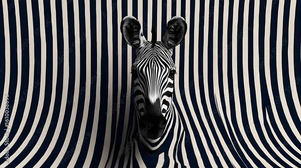Poster surreal zebra head blending into striped background, abstract and creative concept art for digital a
