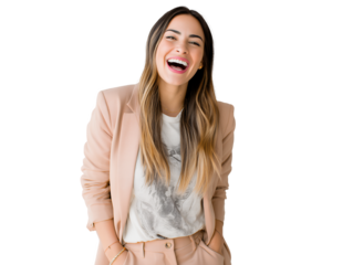 young Latina female professional social media manager in suit laughing against a dark background, concept for successful business presentation, career development and corporate achievements