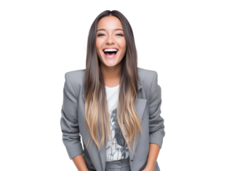 Cheerful young female manager laughing heartily on a transparent background concept for business presentation, corporate communication and marketing campaign