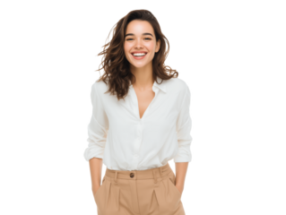 Smiling cheerful female professional manager in formal attire on a transparent background, concept for business profile, human resources, and corporate communication