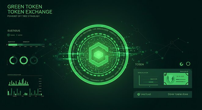 Futuristic interface displaying green token exchange data with circular graphs and charts in a dark environment