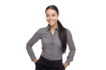 Smiling young Native American female project manager in gray shirt with hands in pockets on a transparent background concept for leadership coaching, office management and corporate event