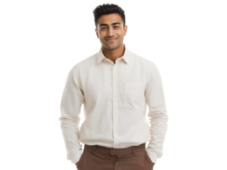 Smiling young Asian male office administrator stands confidently against a black backdrop on a transparent background, concept for leadership profile, business communication and corporate presentation