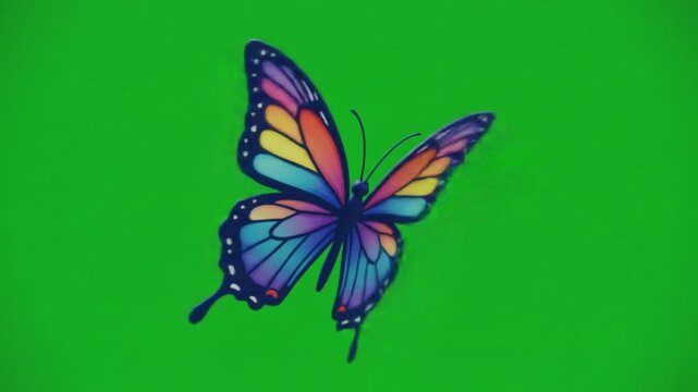 Colorful butterfly with rainbow wings flapping on a bright green screen for chroma key compositing use