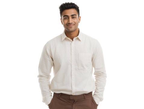 Smiling young Asian male office administrator stands confidently against a black backdrop on a transparent background, concept for leadership profile, business communication and corporate presentation