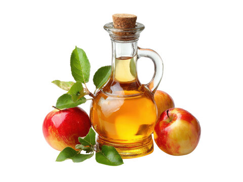 Golden apple elixir bottle with fresh fruit and leaves cider vinegar, Png Transparent, Isolated on White