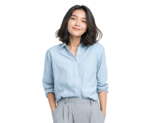 Portrait of a smiling Asian office worker with hands in pockets on a transparent background, concept for professional presentation, corporate communication and human resources marketing