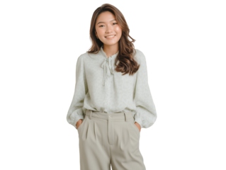 Portrait of smiling young Southeast Asian female manager with hands in pockets on a transparent background concept for business profile, career advancement and corporate website