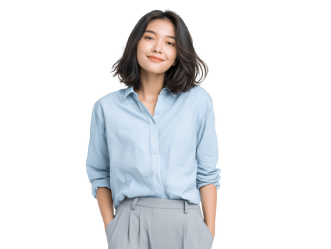 Portrait of a smiling Asian office worker with hands in pockets on a transparent background, concept for professional presentation, corporate communication and human resources marketing