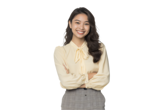 Smiling young Southeast Asian female marketing specialist with arms crossed poses on a transparent background, concept for professional portrait, business website and career opportunities