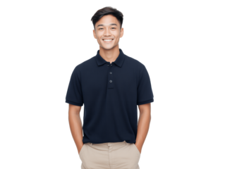 Smiling young Southeast Asian male professional man in a navy polo shirt poses on a transparent background, concept for online profile picture, company website portraits and corporate communications