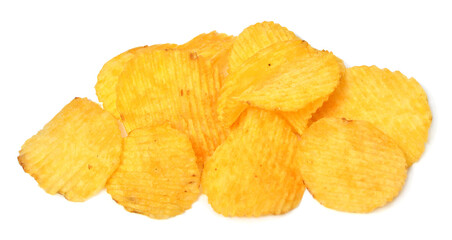 Corrugated chips isolated on white background. Fast food, fried potatoes