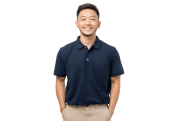 Portrait of a smiling young Asian entrepreneur in navy polo shirt on a transparent background, concept for startup business presentation, company profile photography and leadership development