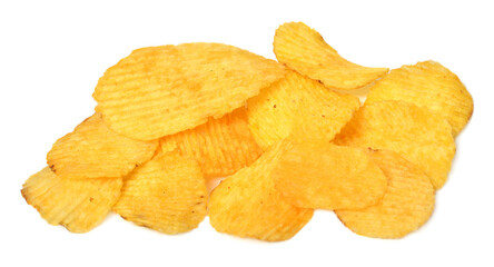 Corrugated chips isolated on white background. Fast food, fried potatoes