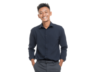 Smiling young Southeast Asian male junior manager stands confidently on a transparent background, concept for executive portrait, career aspiration and corporate communication purpose