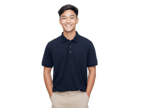 Smiling young Southeast Asian male professional man in a navy polo shirt poses on a transparent background, concept for online profile picture, company website portraits and corporate communications