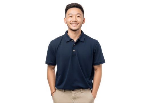 Portrait of a smiling young Asian entrepreneur in navy polo shirt on a transparent background, concept for startup business presentation, company profile photography and leadership development