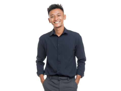 Smiling young Southeast Asian male junior manager stands confidently on a transparent background, concept for executive portrait, career aspiration and corporate communication purpose