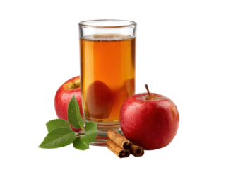 Refreshing apple beverage with cinnamon sticks and fresh red apples cider drink, Png Transparent, Isolated on White