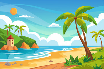 Vibrant vector illustration of a tropical beach with golden sand, turquoise ocean waves, and lush palm trees under a bright blue sky.