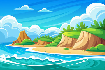 Vibrant vector illustration of a tropical beach with golden sand, turquoise ocean waves, and lush palm trees under a bright blue sky.