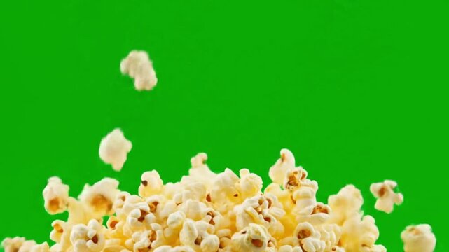 Falling popcorn against a green screen background creating a dynamic and fun visual effect for viewers